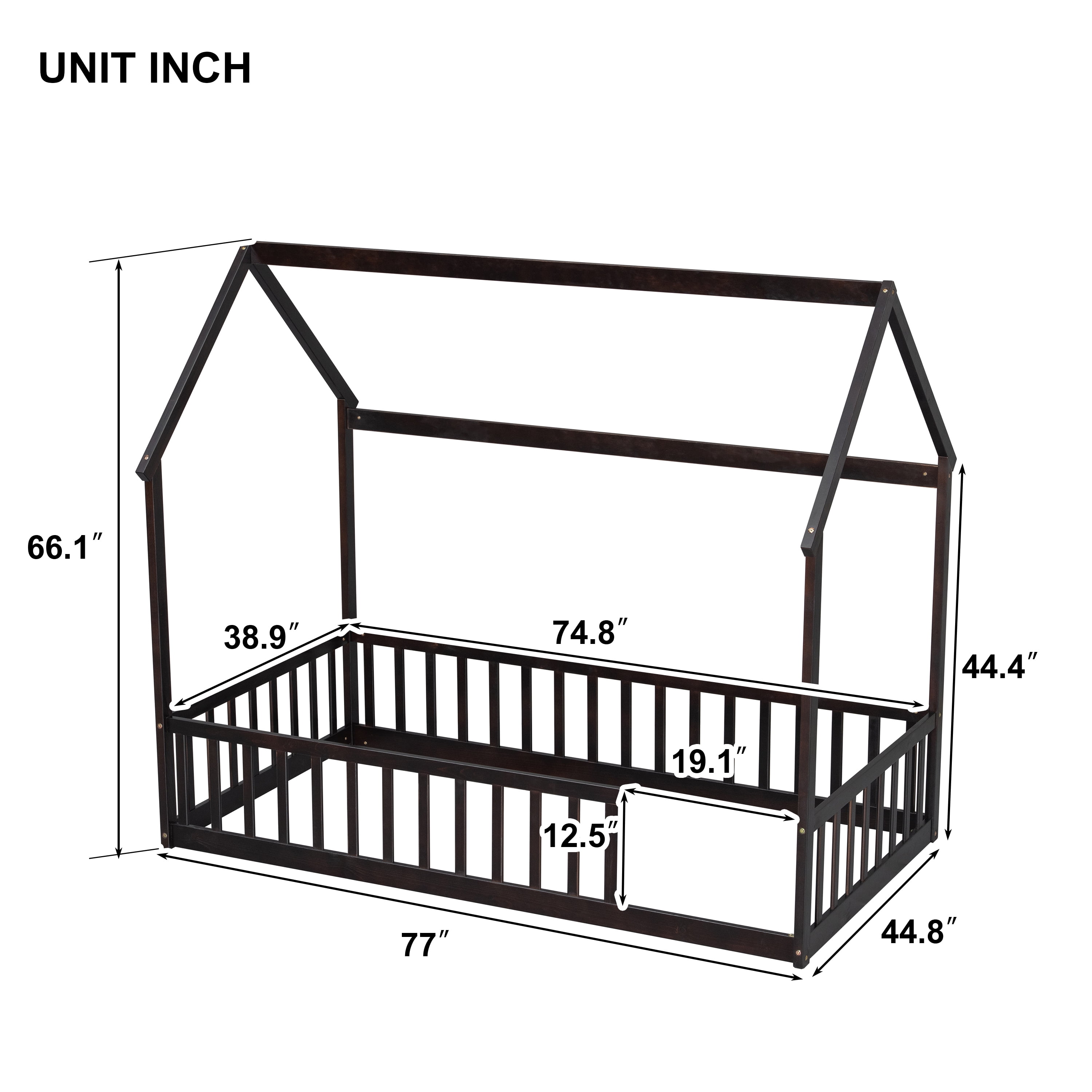 Twin House Floor Bed with Full Safety Fence, Solid Pine Montessori Kids Playhouse Bed Frame No Box Spring Needed Max 250 LBS for Toddler Nursery Bedroom