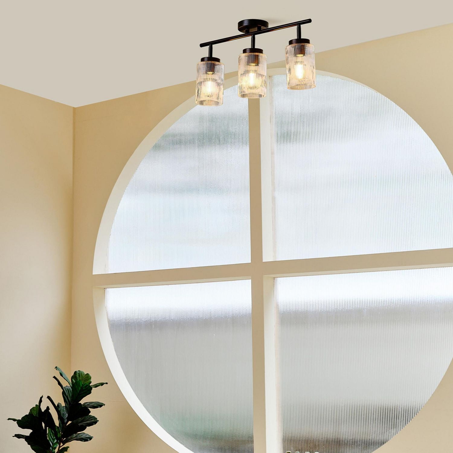 3-Light Matte Black Track Lighting with Ribbed Glass Shades and Pivoting Track Heads