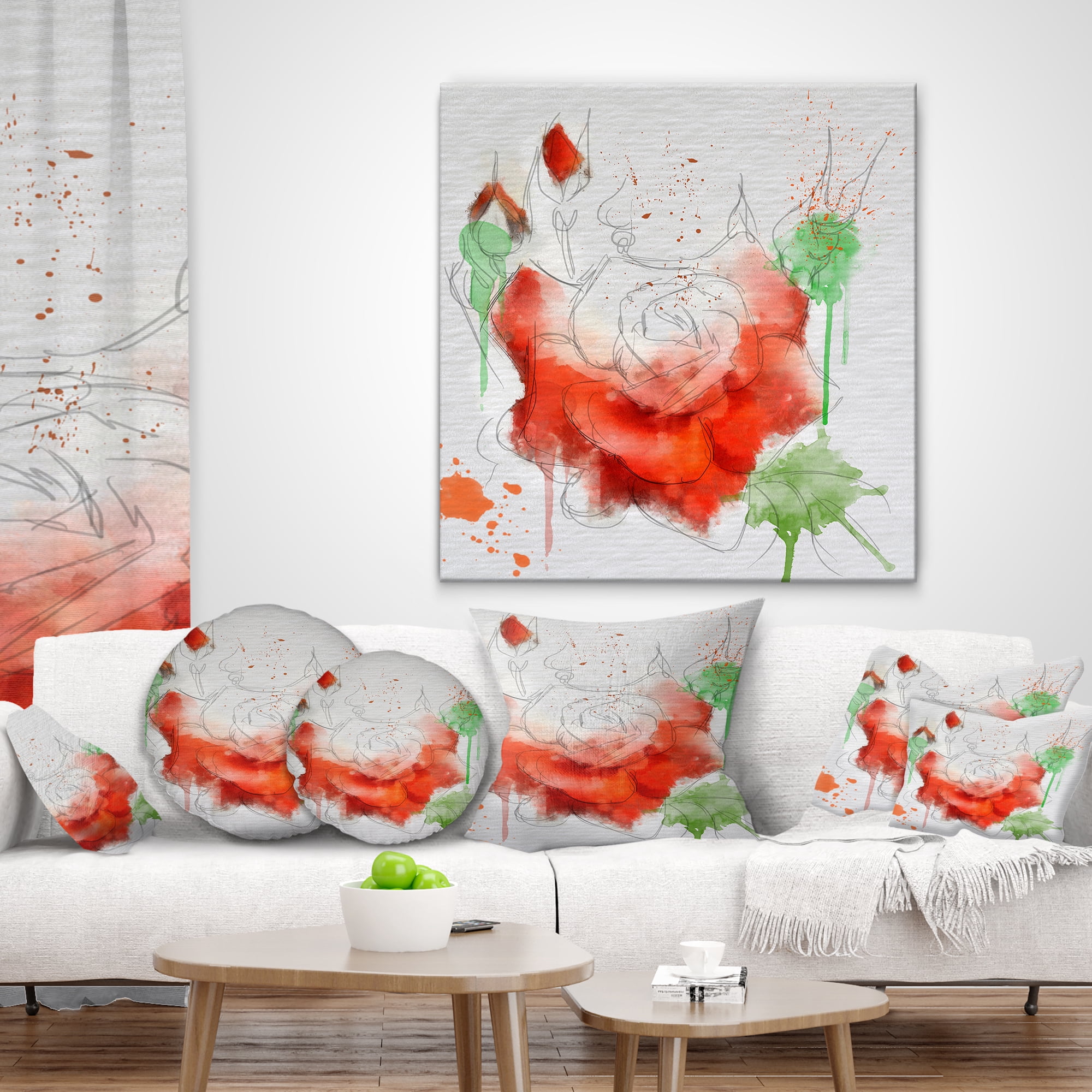 Designart Red Rose Illustration Watercolor - Floral Throw Pillow - 12x20