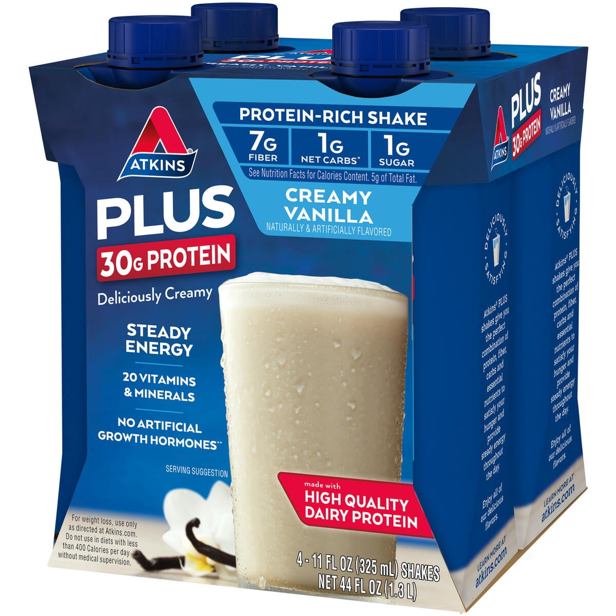 (3 pack) Atkins Creamy Vanilla PLUS Protein Shake, High Protein, Low Carb, Low Sugar, Keto Friendly, 4 Count