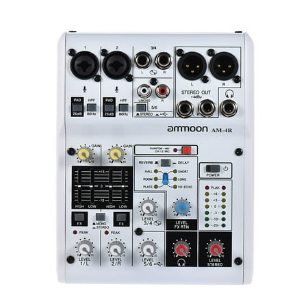 ammoon AM-4R 6-Channel Sound Card Digital Audio Mixer Mixing Console Built-in 48V Phantom Power Support Powered by 5V Power Bank with Power Adapter USB