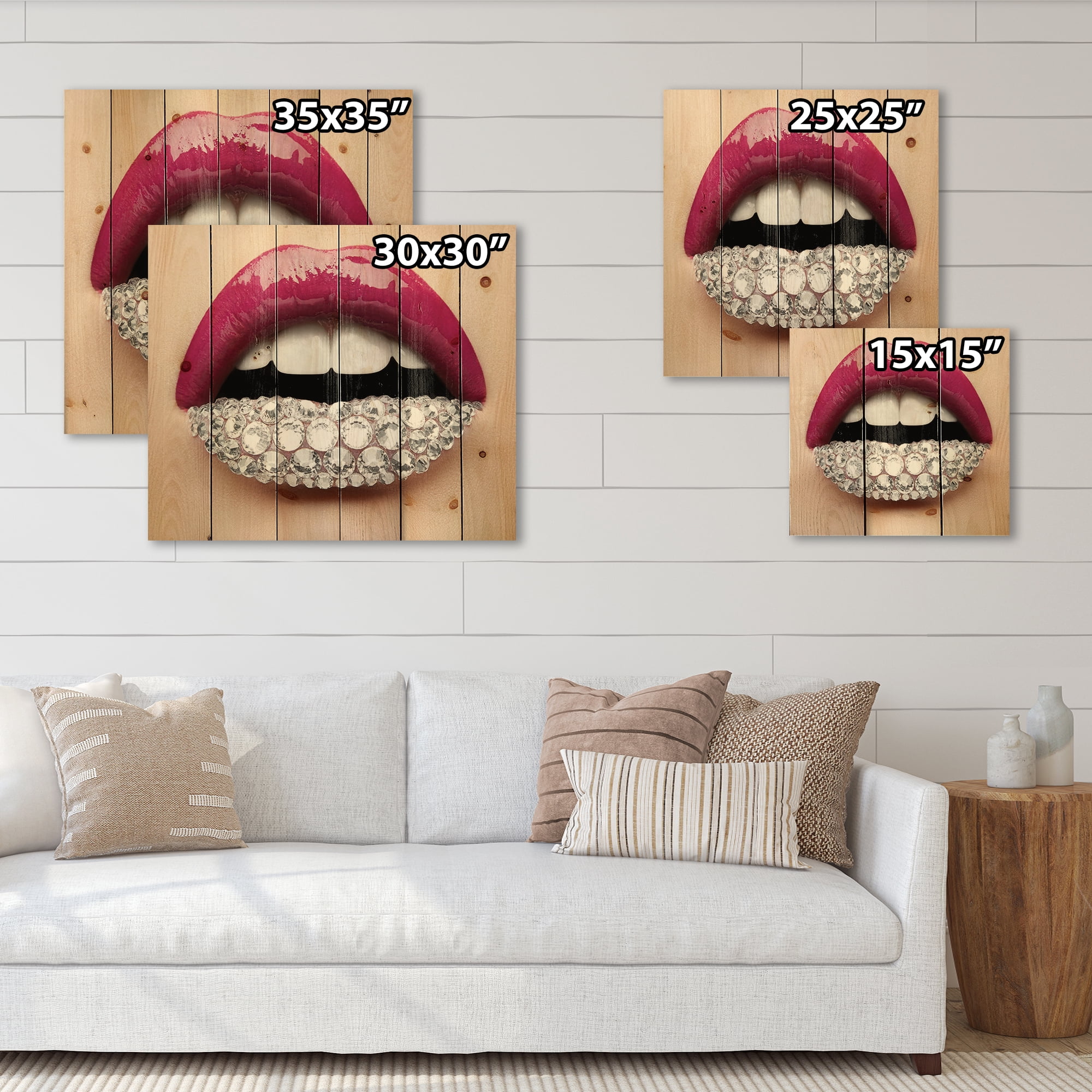Designart 'Girl Lips With Pink Lipstick White Diamonds' Modern Print on Natural Pine Wood