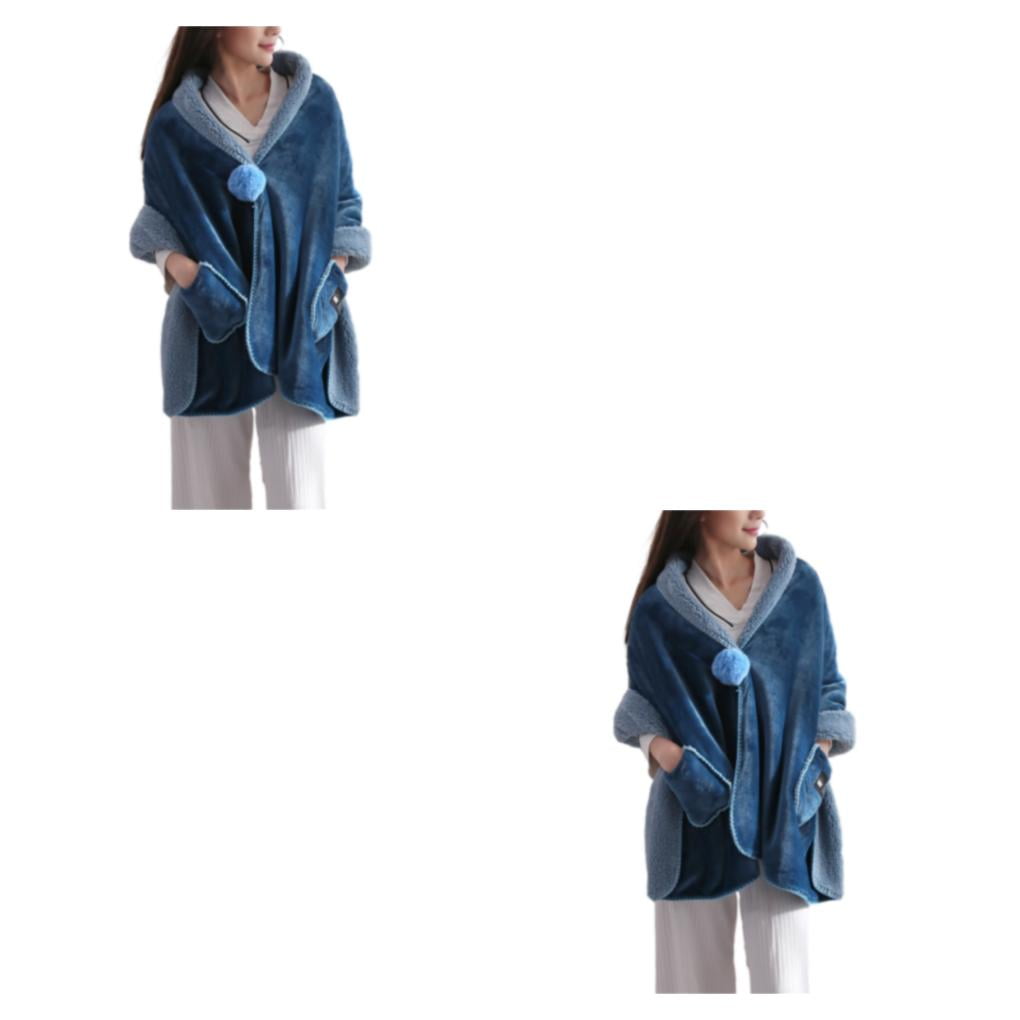 Decodeary Warm And Cozy Fleece Cape For Women Stay Snug In Style Soft Fleece Button Bed Jacket With Pockets Polyester Lightweight blue 2Set