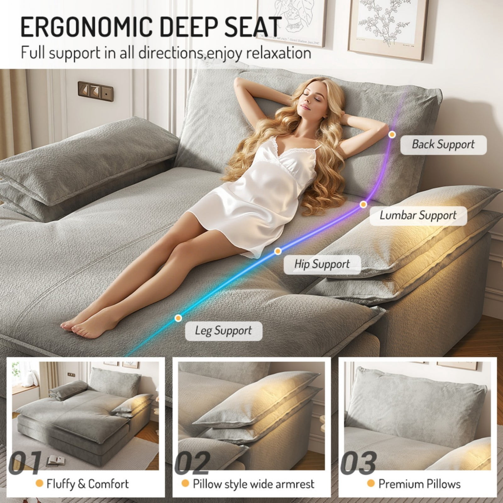 Aukfa 80" Oversized Double Chaise Lounge, Boneless Cloud Upholstered Sofa Bed, Sleeper Loveseat with Removable Deep Seat Cushions, Gray