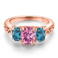 thumbnail image 3 of Gem Stone King 18K Rose Gold Plated Silver Pink Moissanite and London Blue Topaz Filigree Style 3 Stone Ring for Women (2.58 Cttw, Oval 8X6MM and 6X4MM, Available in Size 5, 6, 7, 8, 9), 3 of 4