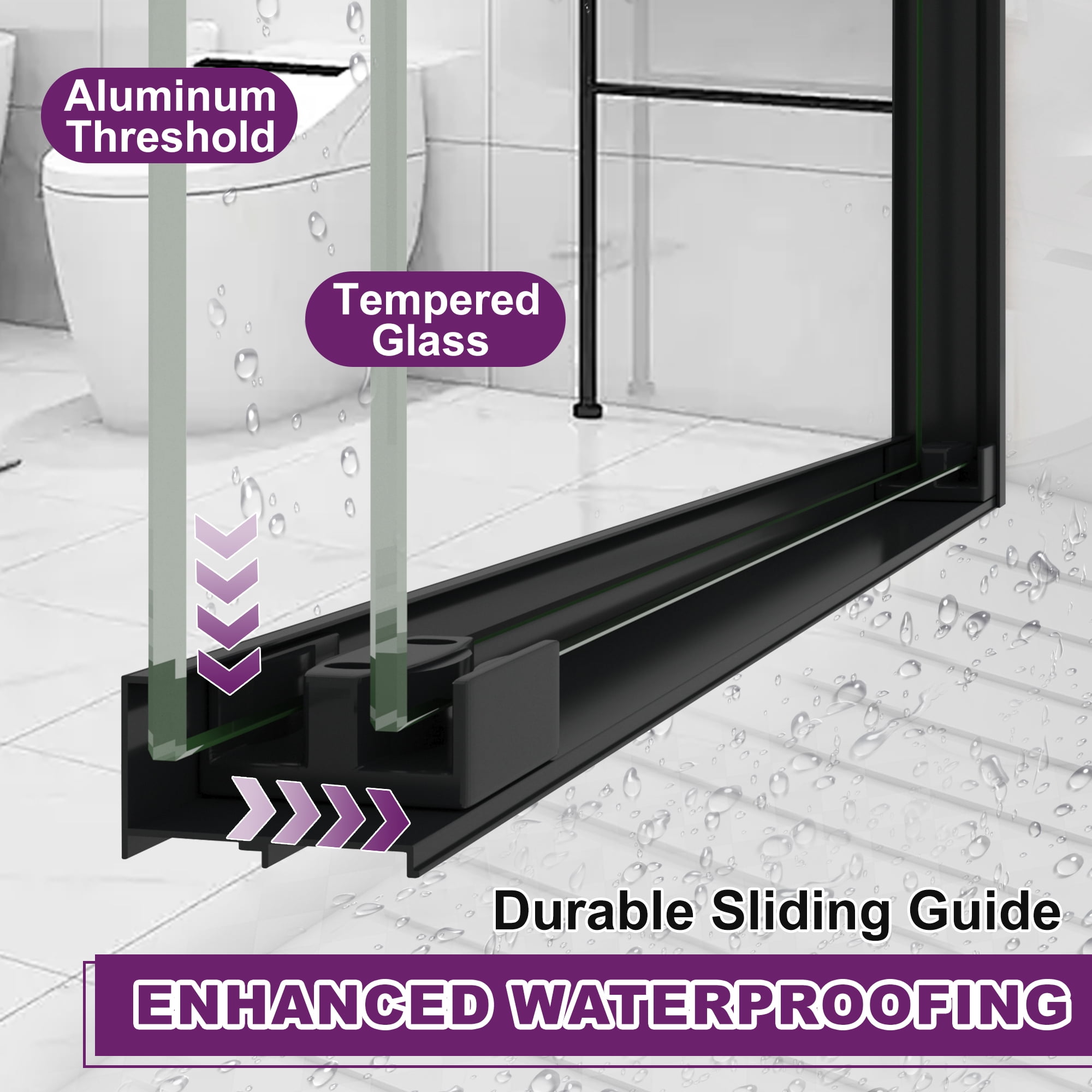 MAYEERTY 60x72in Sliding Shower Door, Aluminum Tempered Glass Shower Door, Shower Door with Anti-Water Seal, Matte Black