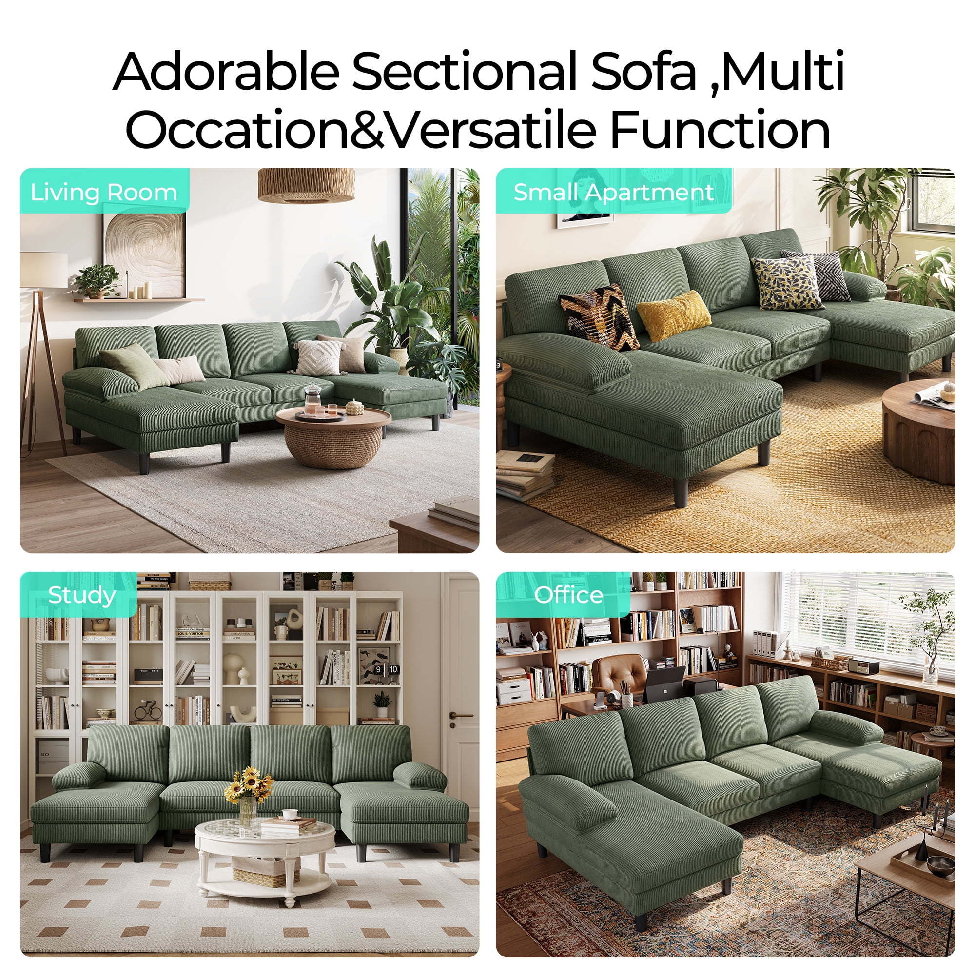 Linsy Home Sectional Sofa for Living Room, U-Shaped Sofa Couch with Corduroy Fabric, 4 Seat Sofa Set with Double Chaise for Apartment, Army Green