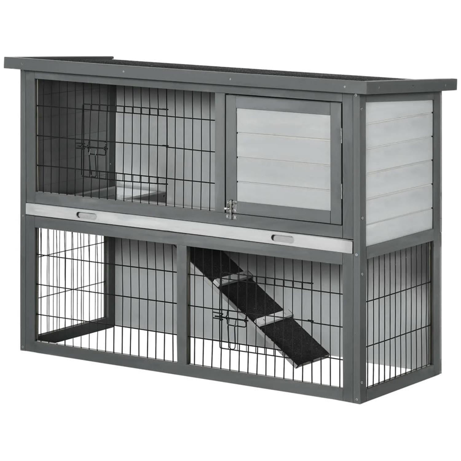 resenkos 43" 2-Story Wooden Rabbit Hutch with Slide-out Tray, Outdoor Small Animal Habitat Enclosure Bunny Cage for Bunnies, Guinea Pigs, Gray