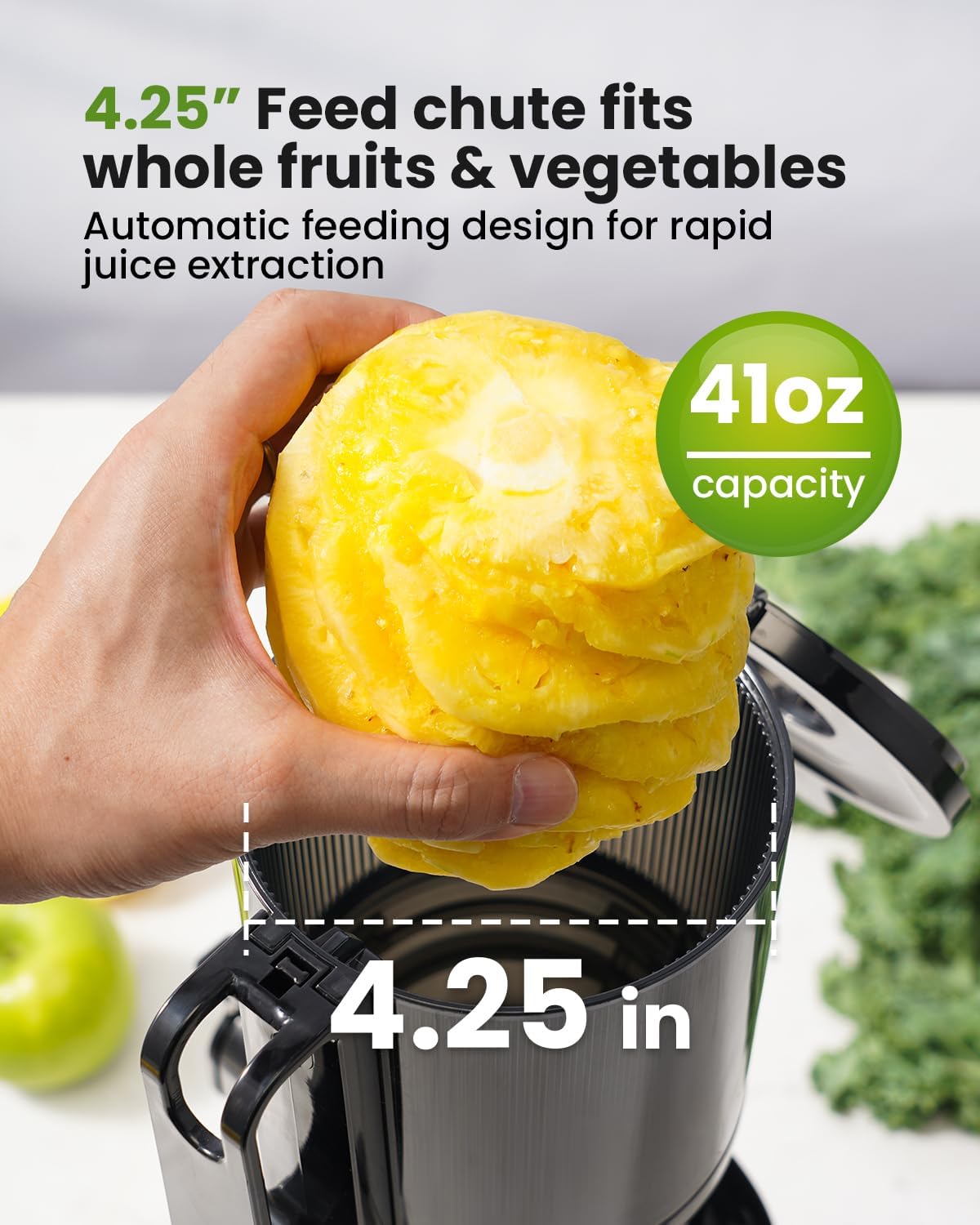 Cold Press Juicer Machines, 4.25'' Large Feed Chute Masticating Slow Juicer Fits Whole Fruits and Vegetables, Low Noise, Silver
