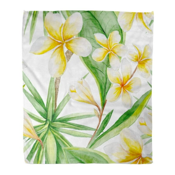 POGLIP Throw Blanket Warm Cozy Print Flannel Exotic Plants Pattern Hand Watercolor Botanical Plumeria Flowers and Yucca Tree Comfortable Soft for Bed Sofa and Couch 50x60 Inches
