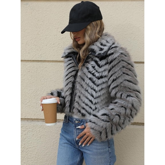 Giolshon Women's Faux Fur Leather Cropped Coat Fleece Lined Warm Soft Fluffy Zip-Up Winter Outerwear
