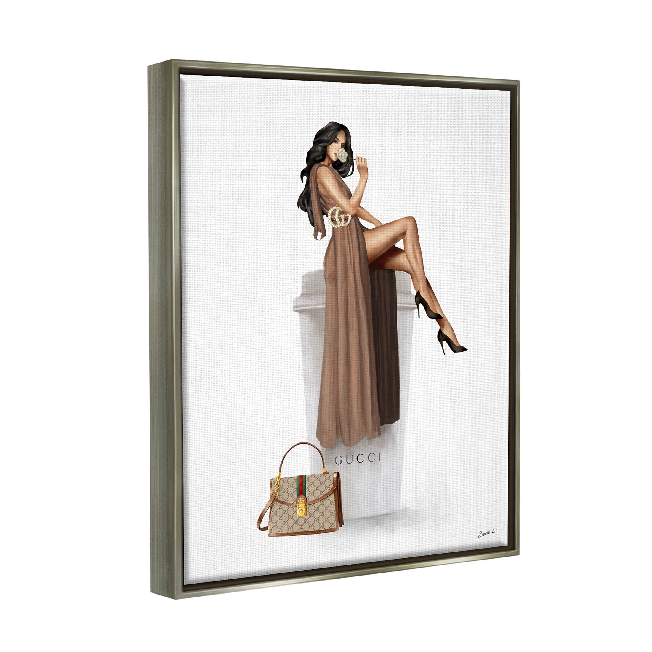 Stupell Industries Glam Brand Fashion Girl Coffee Cup Graphic Art Luster Gray Floating Framed Canvas Print Wall Art, Design by Ziwei Li