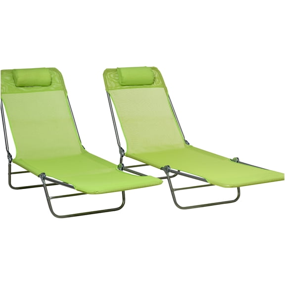 JERFIT 2 Pack Reclining Folding Chaise Lounge Chairs with Pillows, 6-Position Adjustable Outdoor Patio Pool Beach Sun Tanning Chairs, Breathable Mesh & Steel Frame, Green