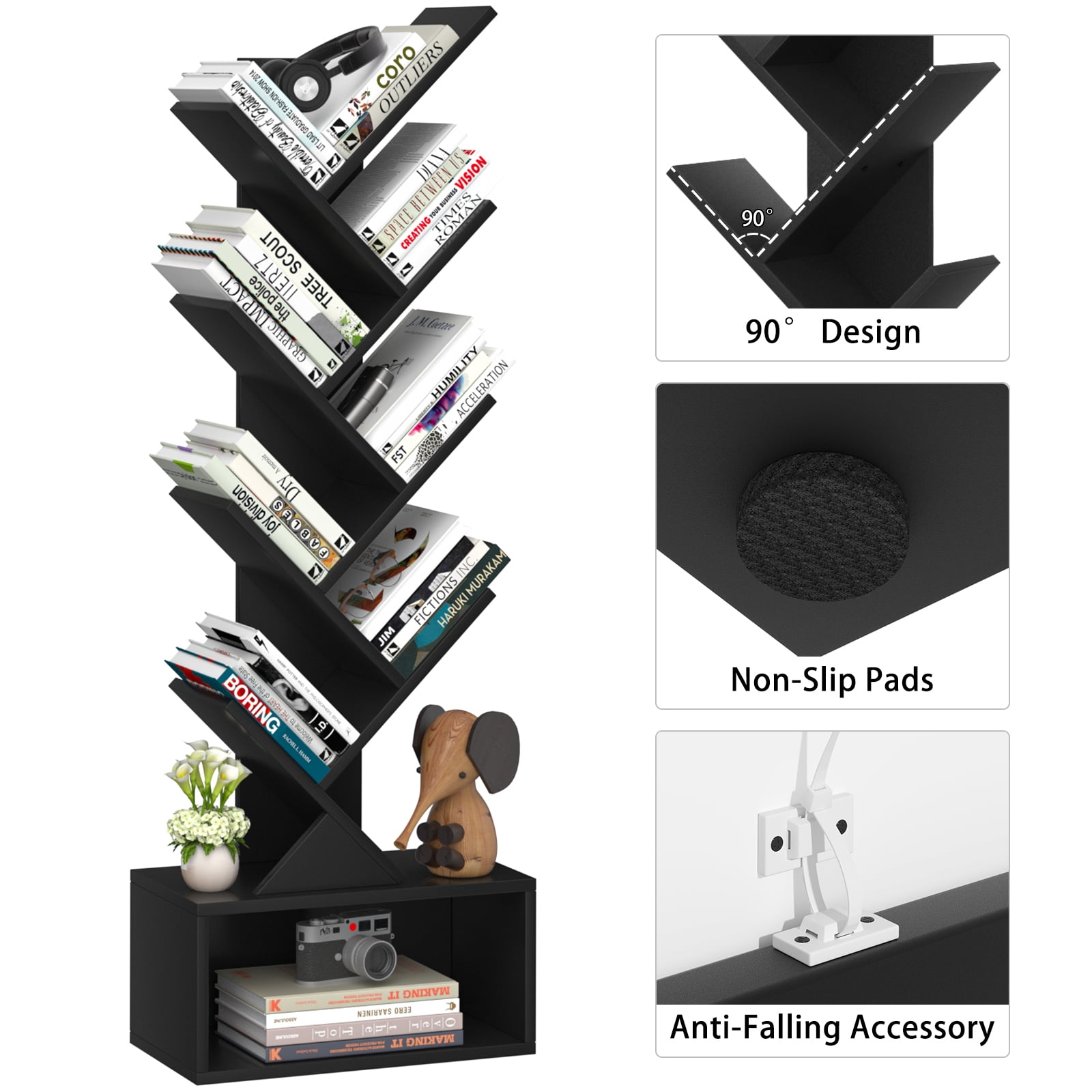 Modern Tree Bookshelf 8 Tier Zigzag Bookcase with Drawer, Vertical Storage Shelf for Books & Décor, Space-Saving Design, Black