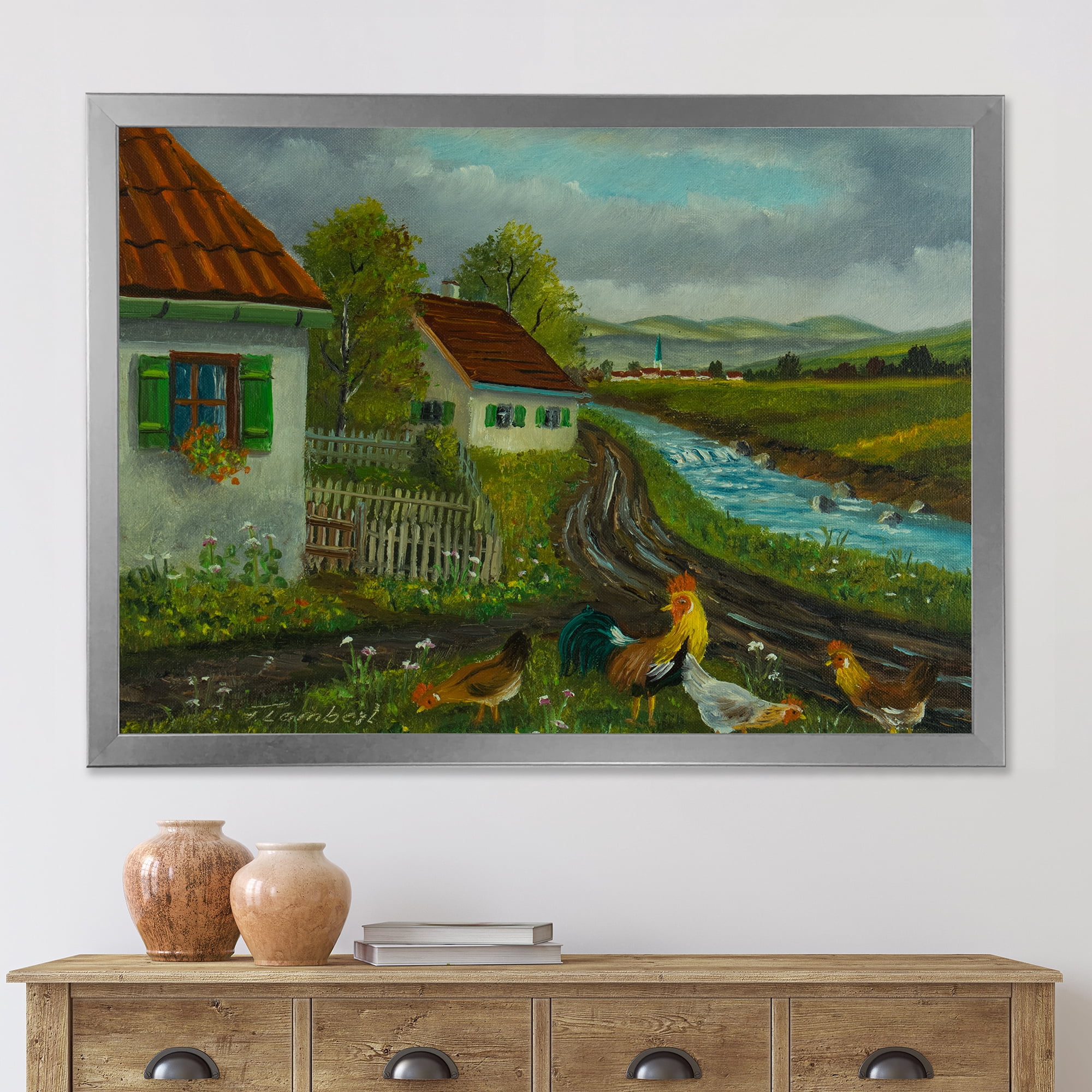 Designart 'A Cock and Three Chickens In A Meadow With Flowers' Farmhouse Framed Art Print
