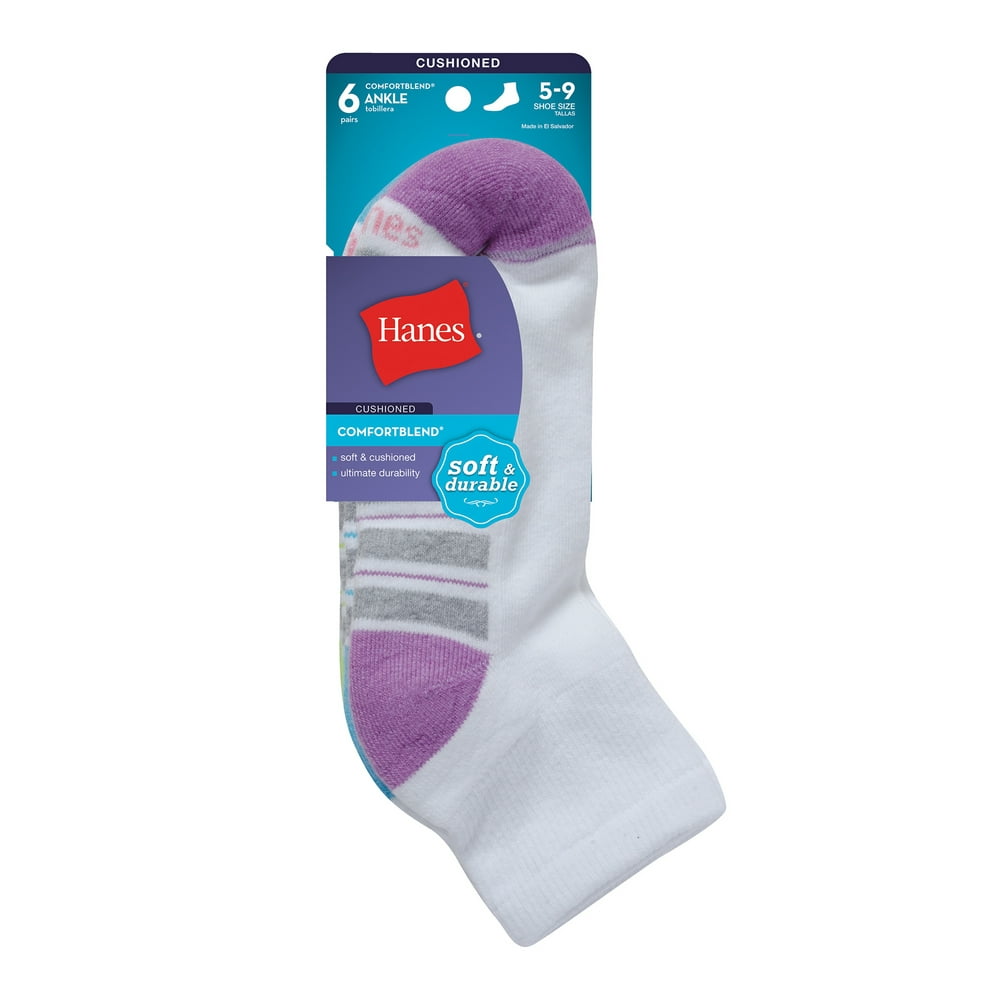 Hanes ComfortBlend Women`s Ankle Socks, 403/6P, 59, White/Purple