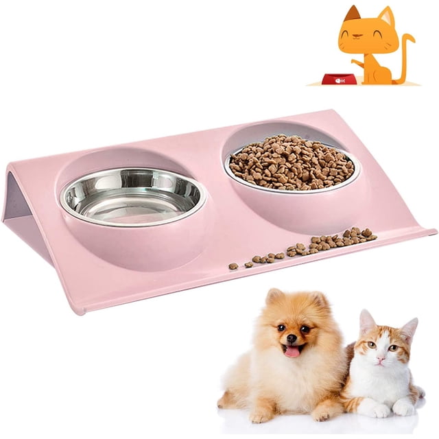 Comedero para gatos, comederos para mascotas, comedero doble para gatos y perros, comedero para perros, comedero antideslizante de acero inoxidable para gatos (rosa)