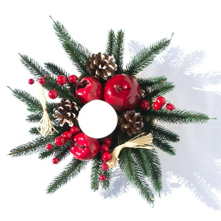 - Christmas Candle Holder Centerpiece with Straw Bows, Apples & Pine Cones 16 Inches