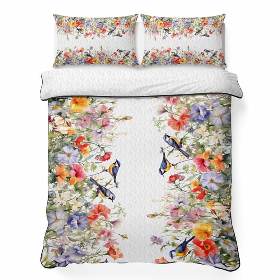 Twin Quilt Set 68''x86'', Vintage Flowers Lightweight Summer Bedspread Coverlet Set with 2 Pillow Shams, Spring Floral Botanical Pastoral Breathable All Season Quilt Bedding for Dorm/Bedroom