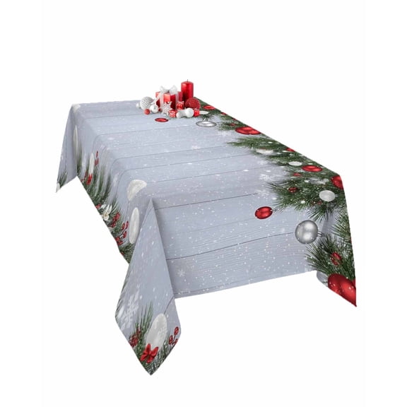 Rectangle Tablecloth 60 x 120 Inches Winter Christmas Balls Pine Leaves Wood Grain Waterproof & Stain Resistance Table Cloth Decorative Fabric Table Cover for Dinning/Party/Buffet/Banquet