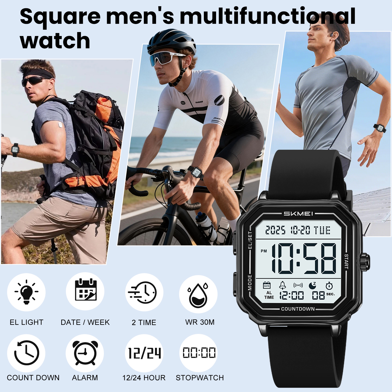 SKMEI Mens Digital Watch Sports Waterproof Outdoor Large Face Military Watches for Men with Stopwatch LED Back Ligh Alarm