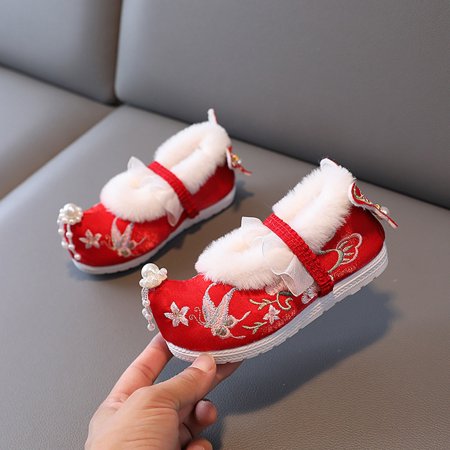 

TOWED22 Toddler Snow Boots Children Embroidered Shoes Hanfu Shoes Winter Shoes Plush Thickened Cotton Shoes Girls Dance Shoes Red