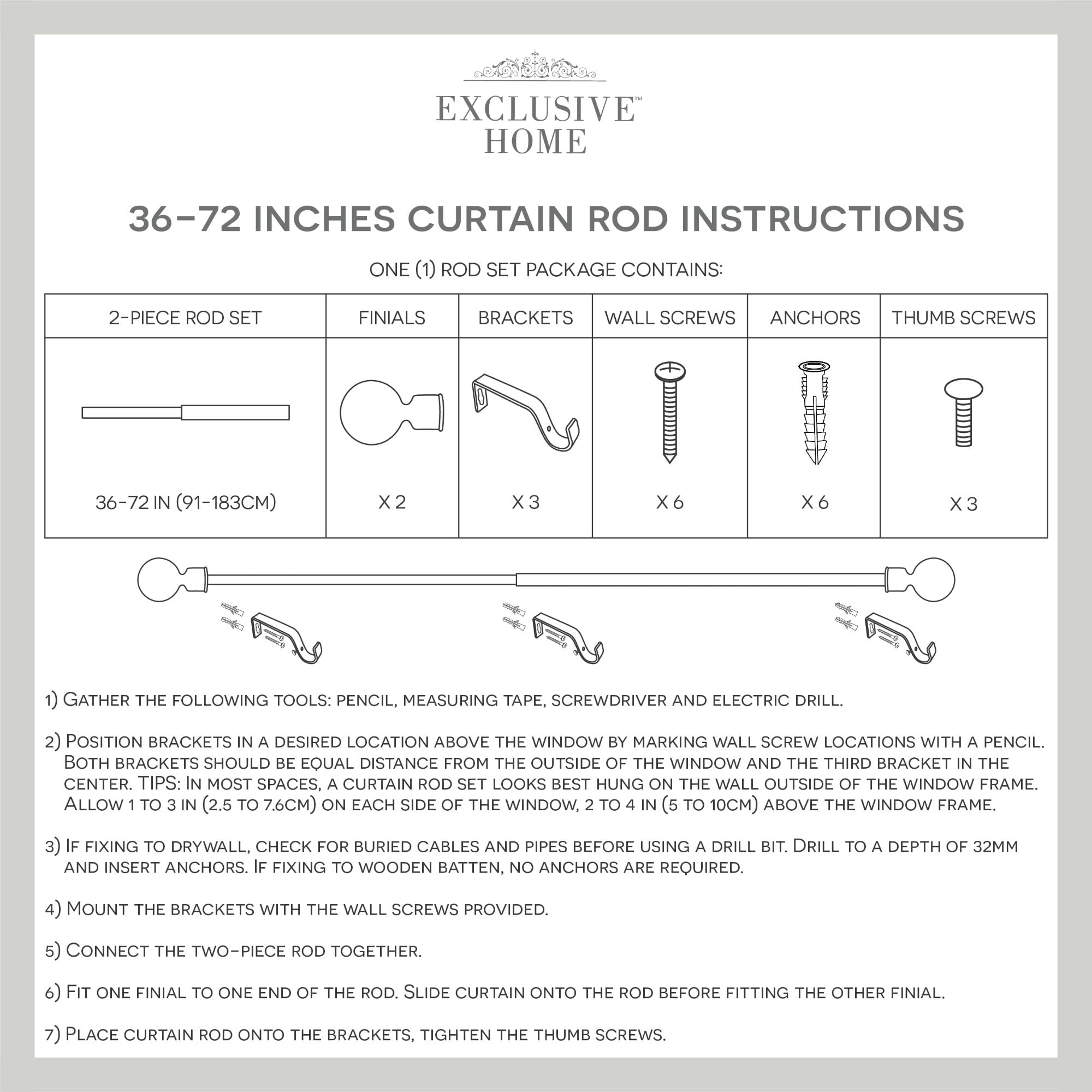 Exclusive Home White Mosaic 1" Curtain Rod and Coordinating Finial Set, Matte Black, Adjustable 36"-72"