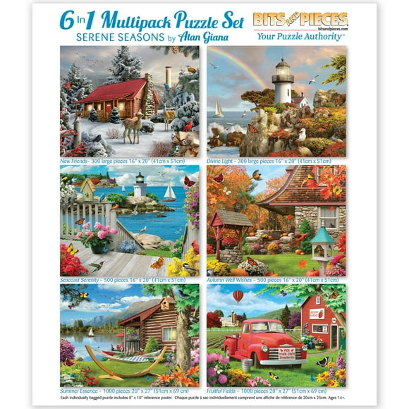 Bits and Pieces - Alan Giana 6-in-1 Multipack Puzzle Set for Adults - Serene Seasons - Two 300, Two 500, & 2 1000 pc Winter Light House Beach Autumn Lake Farm Puzzle Set Jigsaws