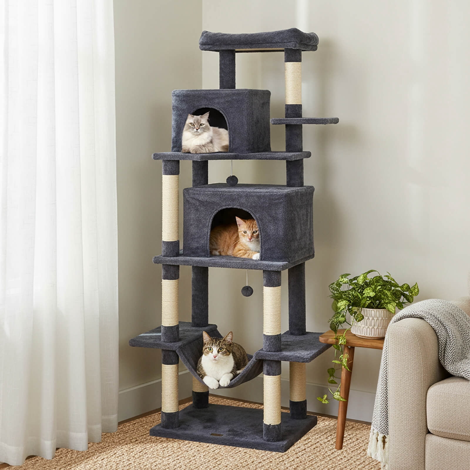 Costway 70” Large Cat Tree for Indoor Cats with Plush Top Perch, Dual large Condos, Hammock Dark Gray