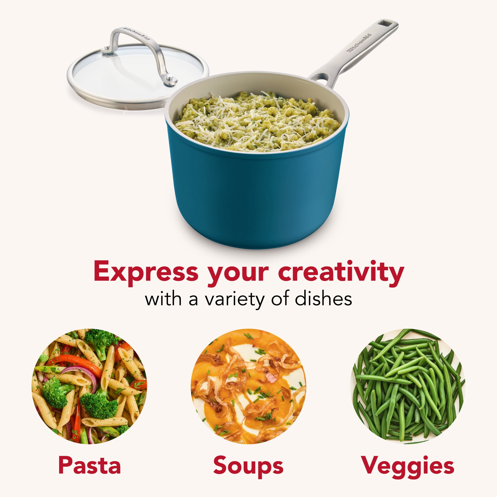 KitchenAid Hard-Anodized 2 Quart Ceramic Induction Saucepan with Lid, Dishwasher Safe and Oven Safe to 500°F, Agave Blue