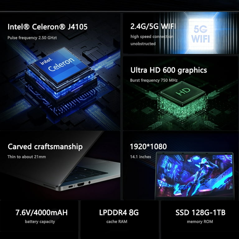 KUU Notebook 14.1 FHD Screen Intel Celeron J4105 8GB RAM 128GB SSD