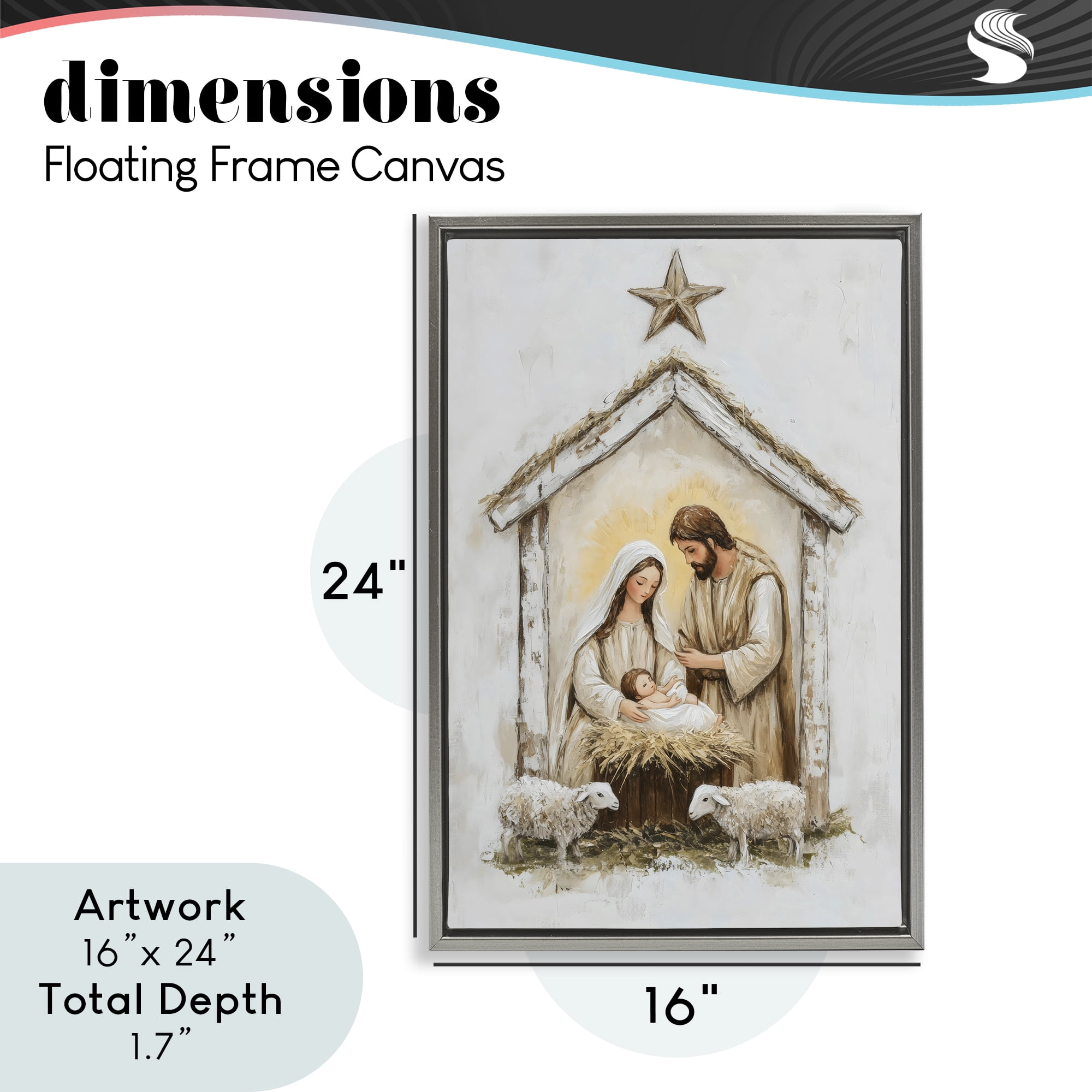 Little Lambs & Nativity Gray Framed Floater Canvas Wall Art, design by Petal Prints Design