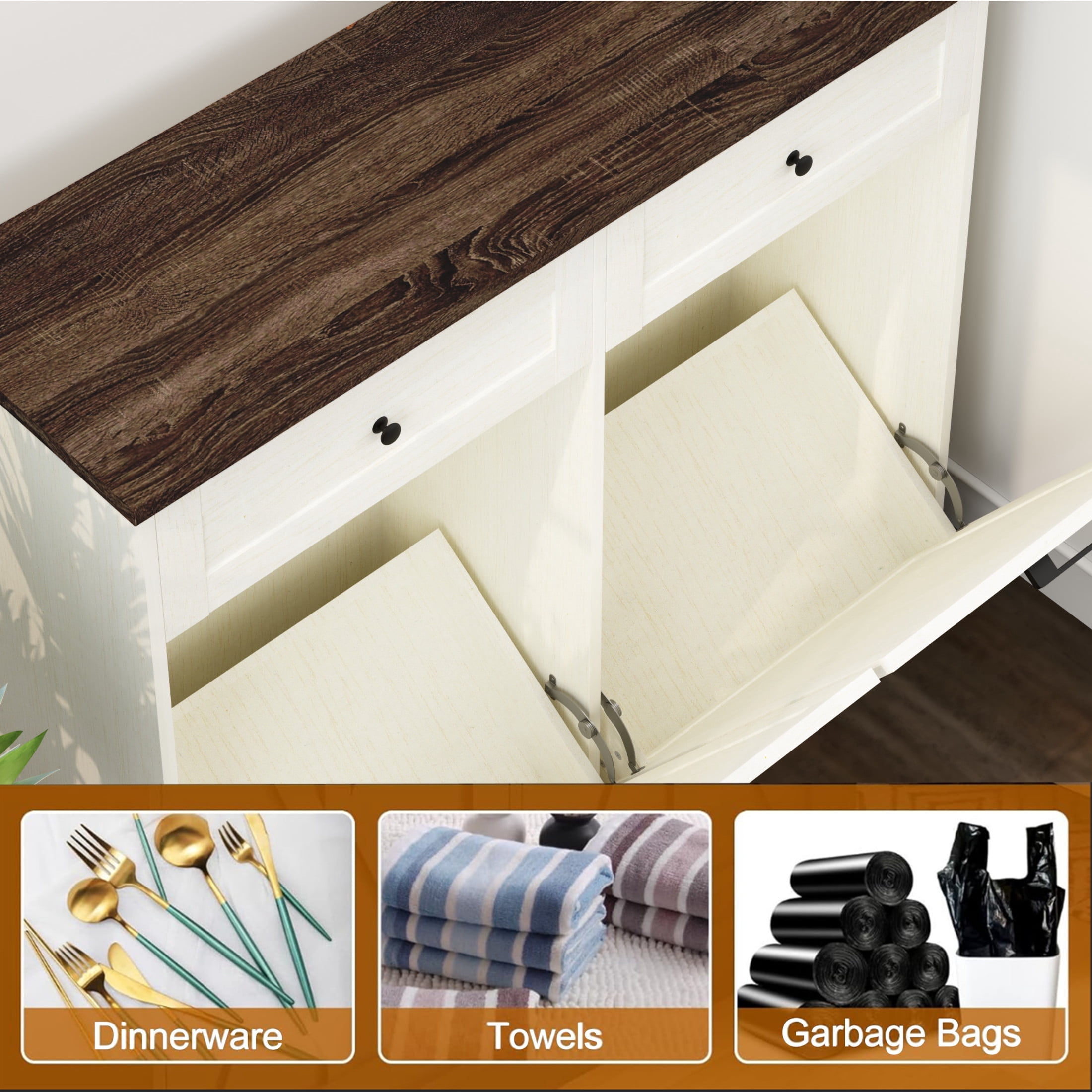 Noble House Double Tilt Out Trash Cabinet, 20 Gallon Freestanding Garbage Bin Holder with Drawer, Antique Brown & White