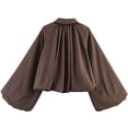 thumbnail image 4 of Lutiedan Cropped Zip Up Jacket for Women Lapel Puff Long Sleeve Pleated Coat Casual Baggy Trendy Colid Color Outerwear,Coffee,S, 4 of 6