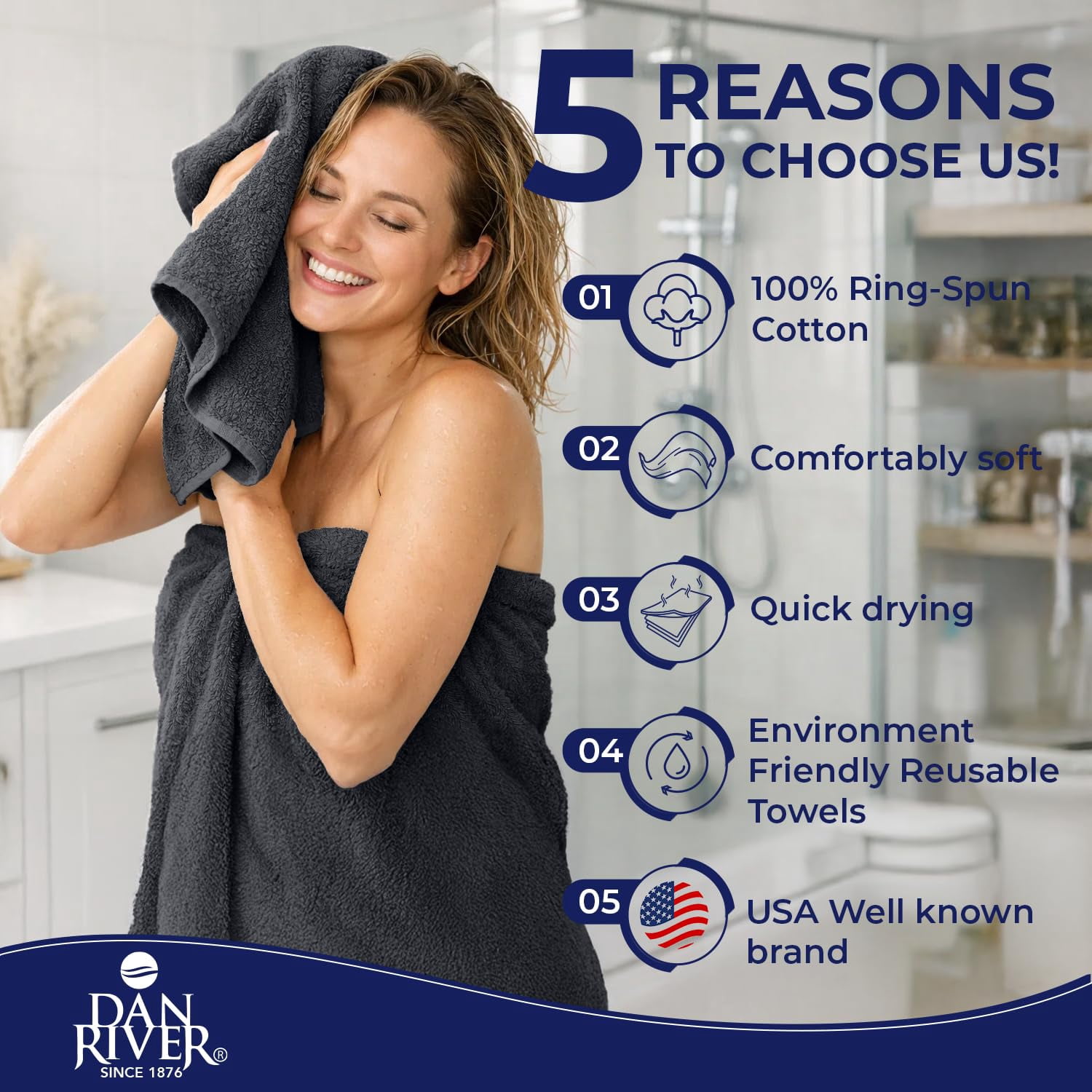 Dan River 8 Piece Towel Set Soft Quick Drying Cotton Bath Towel For Gym, Spa and Bathroom - Charcoal