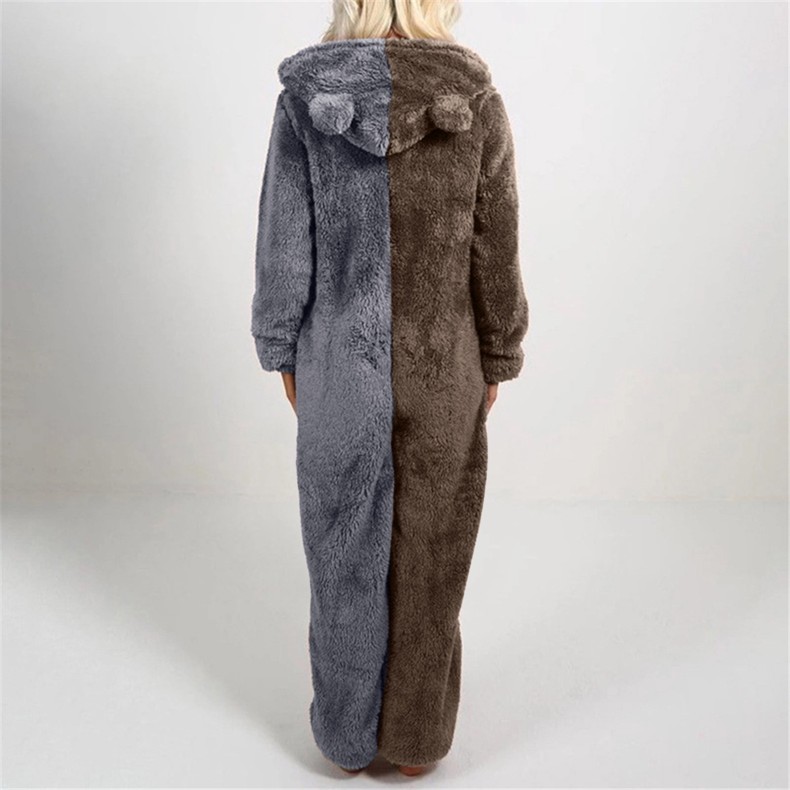 JURANMO Womens Winter Warm Hooded Fleece Sherpa Jumpsuits,2024 Women Long Sleeve Trendy Contrast Color Patchwork Full Zip Jumpsuit Pajamas with Two Cute Ears Casual Plus Size Rompe Sleepwear