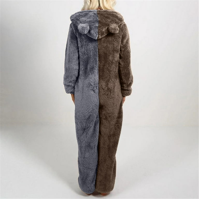 Moxiu Women Winter Warm Furry Sherpa Romper Fleece Onesies Pajama One Piece  Zipper Fuzzy Hooded Jumpsuit Sleepwear Loungewear,One Piece Pajamas for  Women Plush Homewear 2023 