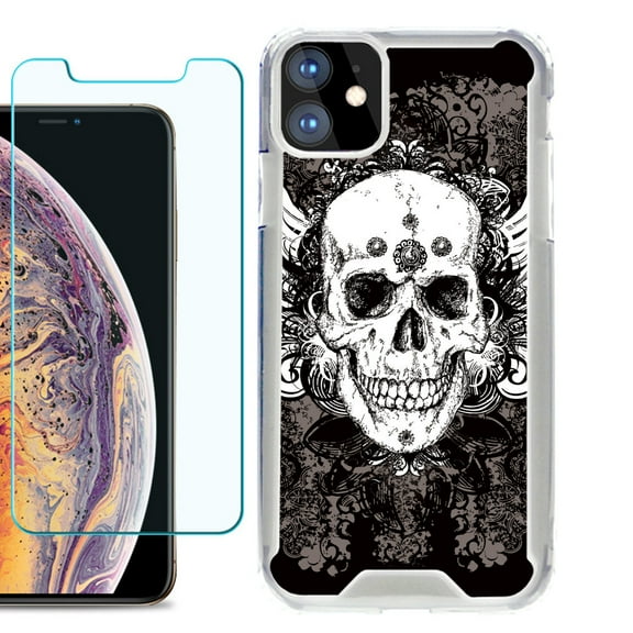 For Apple iPhone 11 Case, Hybrid Bumper Phone Case, with Tempered Glass Screen Protector, by OneToughShield ® - Grunge Skull