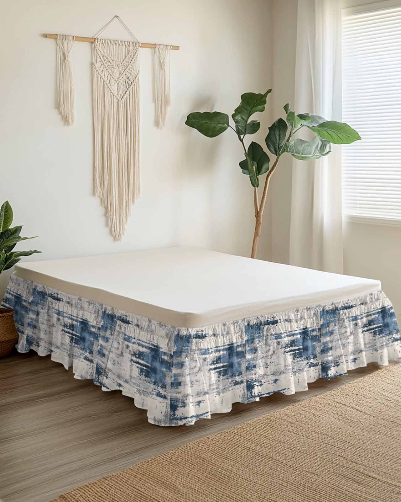 Blue Grey Shabby Bed Skirt King Size 16" Drop Vintage Abstract Art Modern Ruffled Wrap Around Bed Skirts Adjustable Elastic Bedskirt Dust Ruffle for King Size Bed