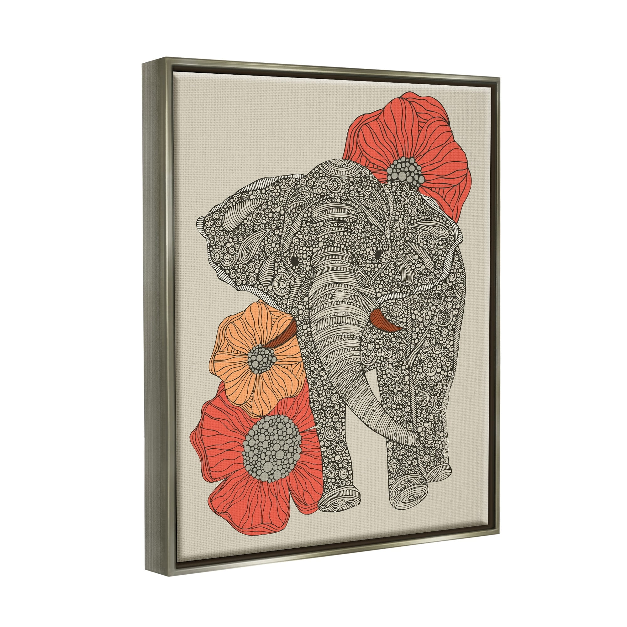 Stupell Industries Standing Elephant Bright Poppies Floral Paisley Fractals Graphic Art Luster Gray Floating Framed Canvas Print Wall Art, Design by Valentina Harper