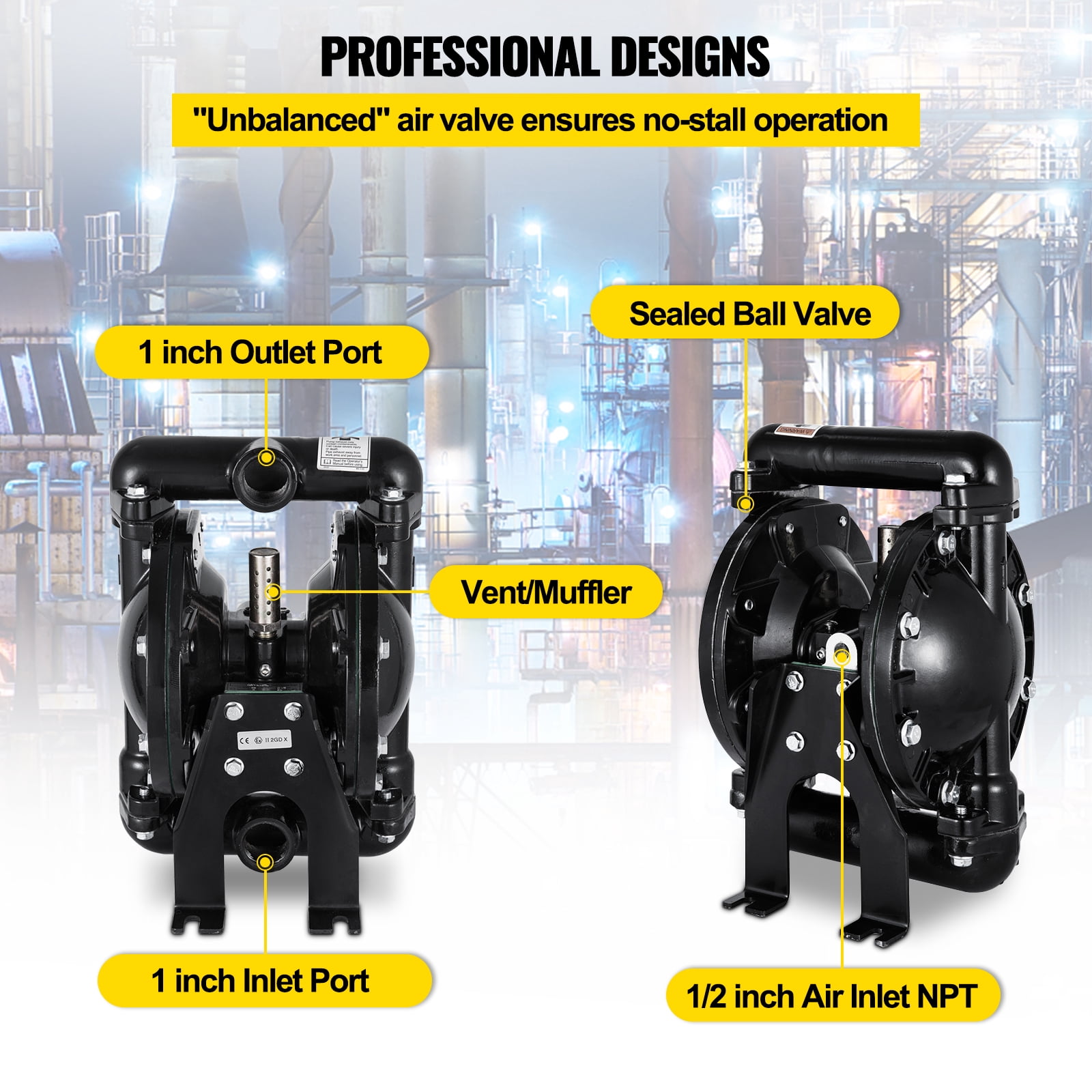 SKYSHALO Dual Diaphragm Pump, Air-Powered, 1" Inlet/Outlet, Aluminum Body, 35 GPM, Max 120 PSI, for Industrial Applications, QBY4-25LF46-1inch-35