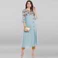 thumbnail image 3 of Janasya Indian Round Neck 3/4 Sleeve Floral Print Blue Poly Crepe Kurta For Women, 3 of 7