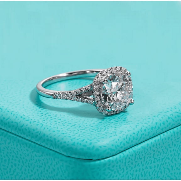 Silvago Jewel Stamped 14K White Gold Plated Engagement Ring - Oval Cut 2.3 Ct Lab Created Diamond Split Shank Wedding Ring - Wedding Anniversary Gifts - Halo Ring - Silver Rings Clearance