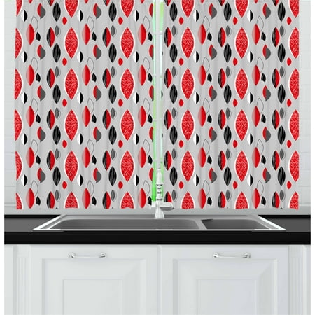 Mid Century Curtains 2 Panels Set, Abstract Oval Leaf Forms with Different Designs and Color Combinations, Window Drapes for Living Room Bedroom, 55W X 39L Inches, Red Black Pale Grey, by