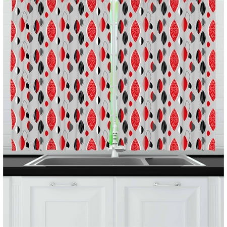 39' Combination Kitchen - Mid Century Curtains 2 Panels Set, Abstract Oval Leaf Forms with Different Designs and Color Combinations, Window Drapes for Living Room Bedroom, 55W X 39L Inches, Red Black Pale Grey, by Ambesonne