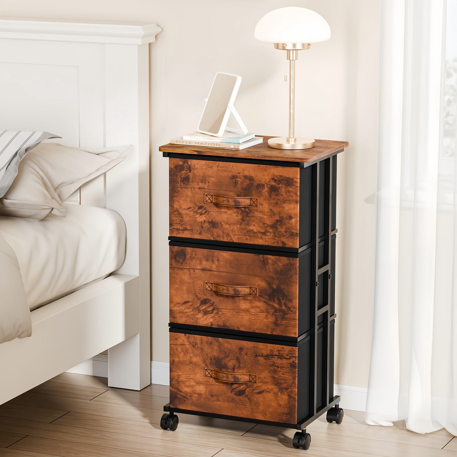 Kelno 3 Drawers Rolling Fabric Dresser Mobile Nightstand Storage Cabinet with Wheels, Rustic Brown