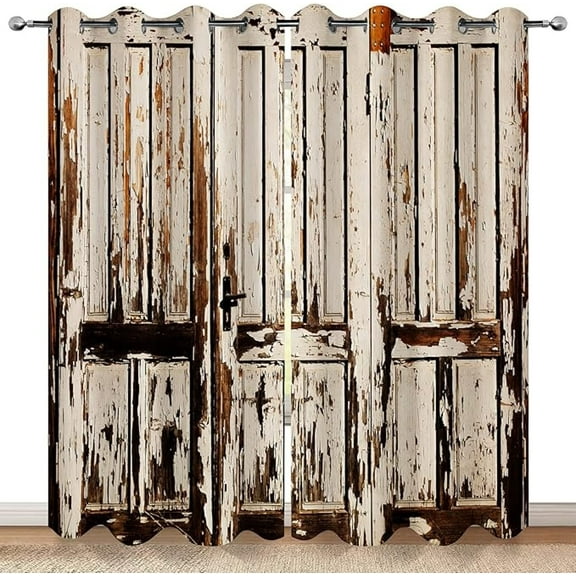 Rustic Wood Barn Door Blackout Curtains Village Wooden Home Decor Vintage Farmhouse Country Plank Decorate For Bedroom Living Room Grommet Window Drapes 53"W x 84"L (Pack of 2)