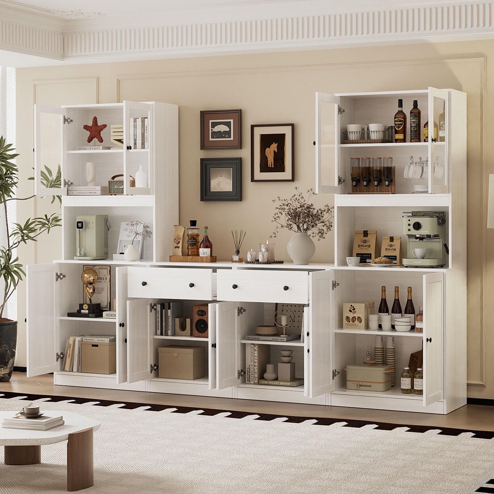 RichYa 4Pcs Kitchen Pantry Storage Cabinet Set,Modular Furniture Cabinets with Display Glass Doors,Hutch Buffet Cabinet with Drawers & Countertop for Dining Room,White