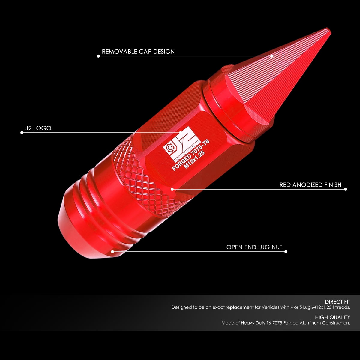 J2 Engineering 20Pcs Red M12 x 1.25 Lug Nuts Open End Aluminum Replacement with Drive Extension Adapter J2-LN-T7-029-125-RD