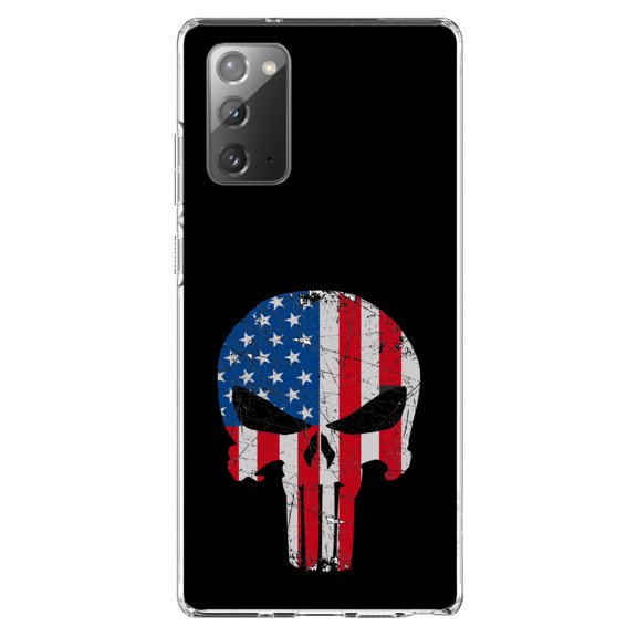 DistinctInk Clear Shockproof Hybrid Case for Samsung Galaxy Note 20 (6.7" Screen) - TPU Bumper, Acrylic Back, Tempered Glass Screen Protector - US Flag Skull Red White & Blue